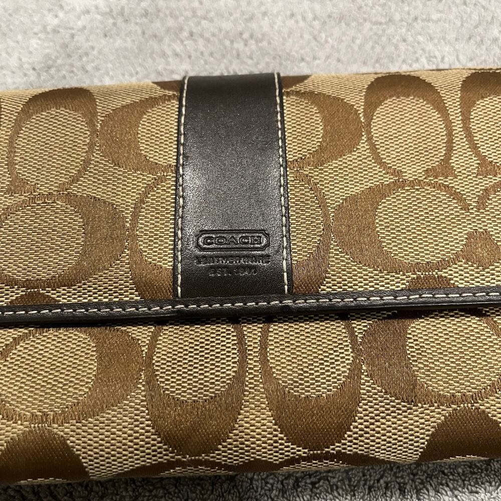 Vintage Coach Signature Trifold Stripe Wallet Check Fold Zippered Side Pocket - Picture 2 of 8